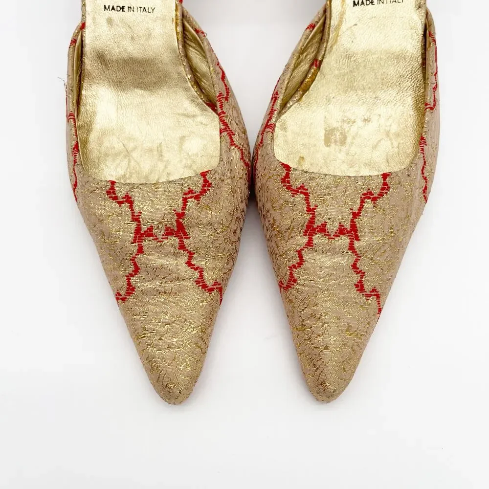 Prada Vintage Gold Brocade Red Woven D’Orsay Pointed Toe Kitten Heels IT 36 - Picture 6 of 12